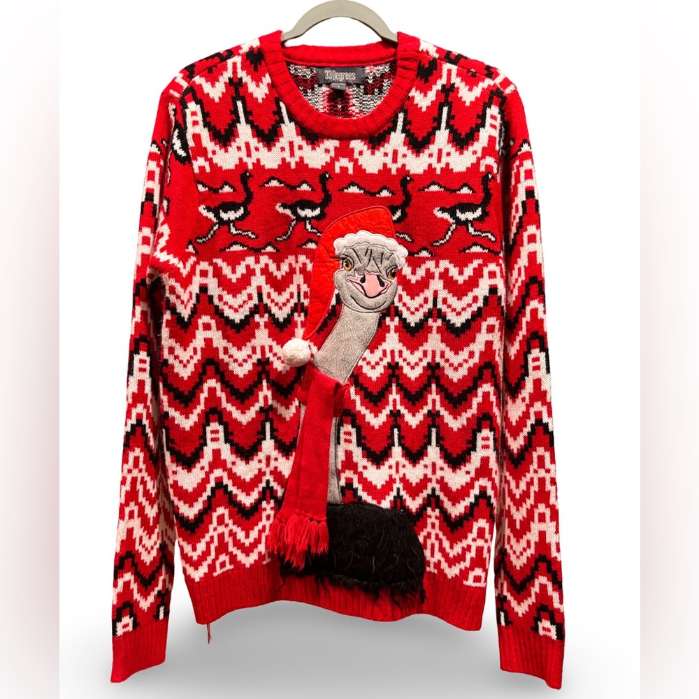 Red and Black Ostrich Holiday Ugly Sweater